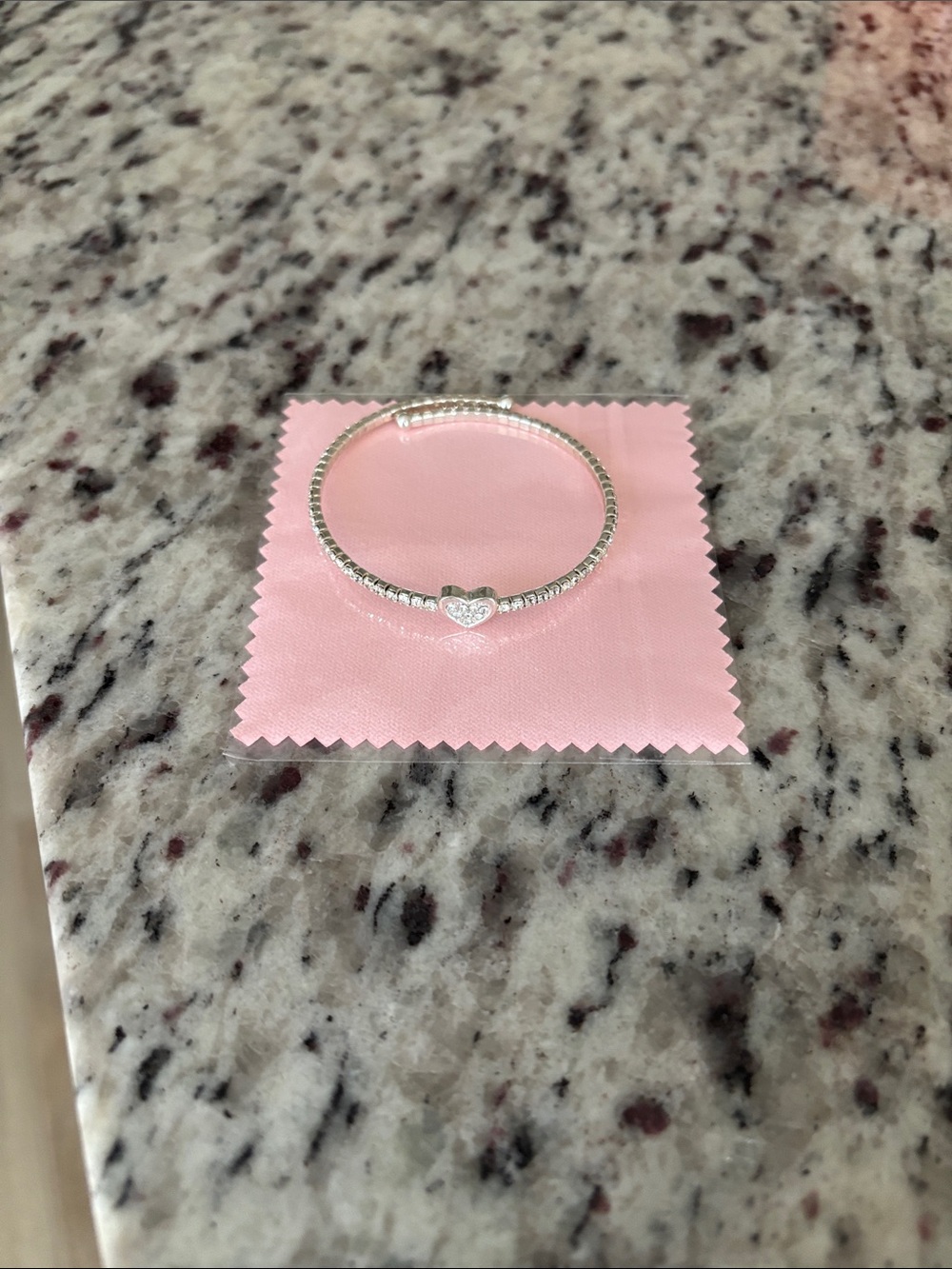 Silver Heart Charm Bangle Bracelet - Pink